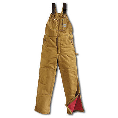 Carhartt 36" X 30" Regular Brown Duck Quilt Lined Bib Overalls With Leg Zippers, Elastic Straps And Double Knees