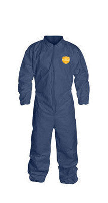 DuPont Medium Denim Blue 12 mil  ProShield SMS Chemical Protection Coveralls With Serged Seams,  Front Zipper Closure, Laydown Collar, Elastic Wrists And Ankles