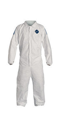 DuPont 4X White Tyvek Dual Comfort Fit Disposable Coveralls With Storm Flap Over Front Zipper Closure, Elastic Waist, Collar And Blue ProShield Back