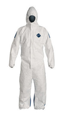 DuPont 2X White Tyvek Dual Comfort Fit Disposable Coveralls With Storm Flap Over Front Zipper Closure, Elastic Waist And Blue ProShield Back