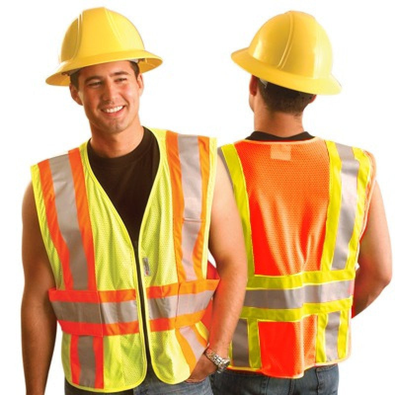 OccuNomix Medium - Large Yellow OccuLux Lightweight Mesh Class 2 Expandable Vest With Zipper Front Closure, 2" 3M Scotchlite Reflective Tape Striping, Hook & Loop Expandable And 3 Pockets