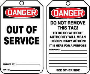 Accuform Signs 5 3/4" X 3 1/4" Red, Black And White HS-Laminate Two Sided Safety Tag "Danger Out Of Service/Danger Do Not Remove This Tag! To Do So Without Authority Will Mean Disciplinary Action! ..."