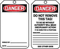 Accuform Signs 5 3/4" X 3 1/16" Red, Black And White PF Cardstock Safety Tag "Danger Do Not Remove This Tag! To Do So Without Authority Will Mean Disciplinary Action! It Is Here For A Purpose..." (25 Per Package)