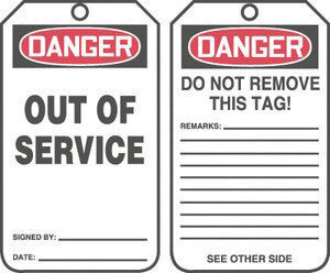 Accuform Signs 5 3/4" X 3 1/4" Red, Black And White HS-Laminate Two Sided Safety Tag "Danger Out Of Service/Danger Do Not Remove This Tag! Remarks  ..."