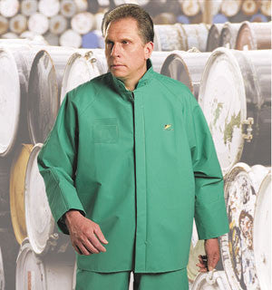 Bata/Onguard Large Green Chemtex 3.5 mil PVC On Nylon Polyester Chemical Protection Jacket With Storm Flap Over Front Zipper Closure And Hood Snaps