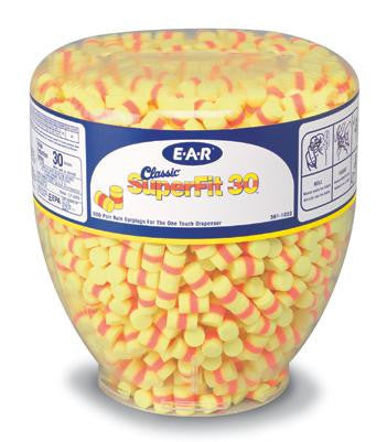 3M E-A-R Classic SuperFit 30 One Touch Dispenser Refill With Single Use Cylinder Shaped PVC And Foam Uncorded E-A-R Classic SuperFit Earplugs (500 Pair Per One Touch Refill Bottle)