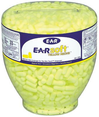 3M E-A-R E-A-Rsoft Yellow Neons One Touch Dispenser Refill With Single Use Tapered PVC And Foam Uncorded Earplugs (500 Pair Per One Touch Refill Bottle)
