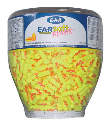 3M E-A-R E-A-Rsoft Yellow Neon Blasts One Touch Dispenser Refill With Single Use Tapered PVC And Foam Uncorded Earplugs (500 Pair Per One Touch Refill Bottle)