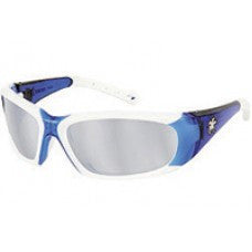 Crews Force Flex Next Generation Ultra-Flexible Safety Glasses With Multi-Polymer Blue And White Frame And Silver Mirror Lens