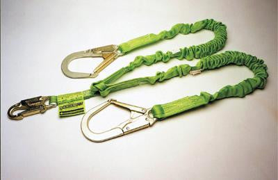 Miller 6' Green Two Leg Manyard II Shock-Absorbing Stretchable Web Lanyard With Locking Snap Hook, 2 2 1/2" Locking Rebar Hooks And ANSI Z359 Certification