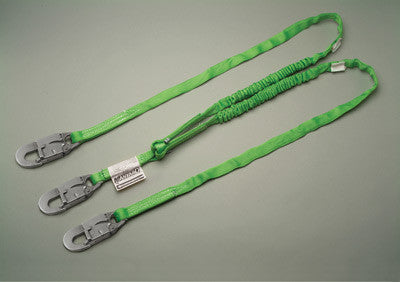 Miller 6' Green Two Leg Manyard HP Shock-Absorbing Stretachable Web Lanyard With 3 Locking Snap Hooks And ANSI Z359 Certification