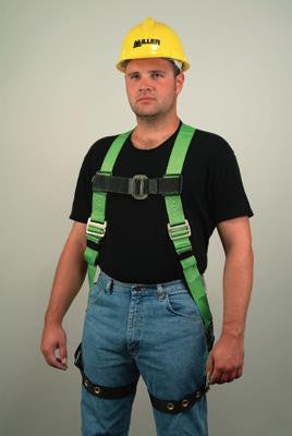 Miller Universal Green HP Series Non-Stretch Full Body Harness With Back And Side D-Rings, Tongue Buckle Leg Straps, Tool Belt Loops, Mating Buckle Chest Strap, Pull Free Lanyard Rings And Belt Loops