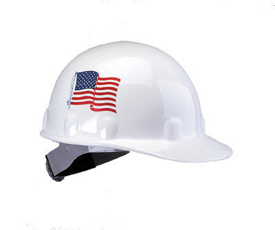 Fibre-Metal White SuperEight Class E, G or C Type I Thermoplastic Hard Cap With Ratchet Suspension And American Flag On Two Sides