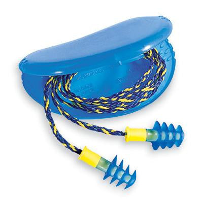 Howard Leight Multiple Use Fusion 4-Flange Blue And Yellow Thermal Plastic Urethane Corded Earplugs With Detachable Nylon Cord (1 Pair Per HearPack, 100 Pair Per Box)