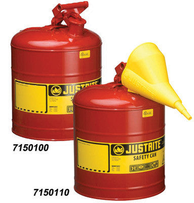 Justrite 5 Gallon Red Type 1 Safety Can With Staiinless Steel Flame Arrestor And Poly Funnel For Use With Flammable Liquids