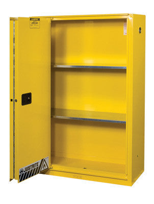 Justrite 45 Gallon Yellow Flame EX Enhanced Sliding Door Safety Cabinet With Sliding Self-Closing Single Door