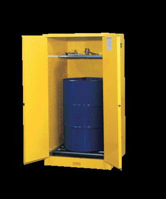 Justrite 65" X 34" X 34" Yellow 55 Gallon Sure-Grip EX Safety Cabinet For 1 Vertical Drum With 2 Manual Doors And 1 Shelf