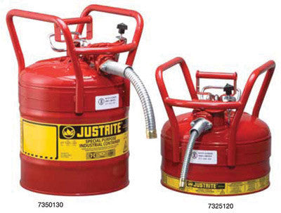 Justrite 2.5 Gallon Red Type II AccuFlow Transport And Dispensing Safety Cans With Attached 5/8" X 9" Flexible Metal Hose