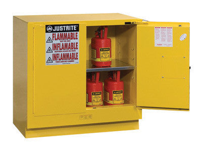 Justrite 35" X 35" X 22" Yellow 22 Gallon Undercounter Sure-Grip EX Safety Cabinet With 2 Self-Closing Doors And 1 Shelf