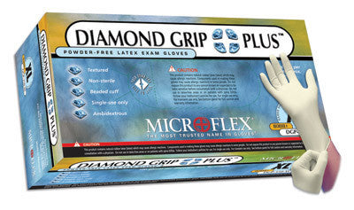 Microflex X-Small Natural 9.5" Diamond Grip Plus 5.1 mil Latex Ambidextrous Non-Sterile Powder-Free Disposable Gloves With Textured Finish And Beaded Cuffs (100 Each Per Box)