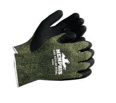 Memphis Large KS-5 13 Gauge Cut Resistant Black Latex Dipped Palm And Finger Coated Work Gloves With Green Kevlar Stainless Steel And Nylon Liner