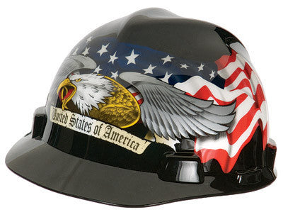 MSA American Eagle V-Gard Freedom Series Class E Type I Hard Cap With Fas-Trac Suspension And Eagle, United States Of America And Flowing U.S. Flags On Front