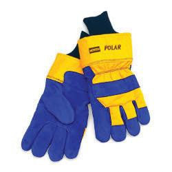 North Large Blue And Yellow Polar Cowhide Thinsulate Lined Cold Weather Gloves With Wing Thumb, Safety Cuffs And Knit Wrist