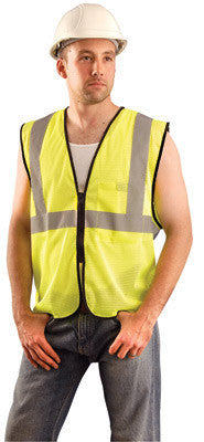 OccuNomix Small - Medium Hi-Viz Yellow Polyester Mesh ANSI 107-2010 Value Vest With Zipper Closure, 2" Reflective Tape Stripes And One Inside Pocket