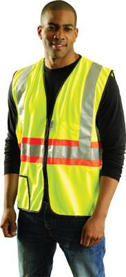 OccuNomix X-Large Yellow OccuLux Lightweight Polyester Class 2 Expandable Two-Tone Vest With Zipper Front Closure, 2" 3M Scotchlite Reflective Tape Striping Backed By Orange Trim And 2 Pockets