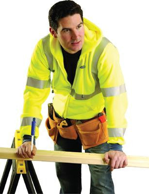 OccuNomix X-Large Hi-Viz Yellow OccuLux 9 Ounce 100% ANSI Wicking Polyester Class 3 Hooded Sweatshirt With Zipper Front Closure, 2" 3M Scotchlite Reflective Tape Striping, Elastic Cuff And Waistband  And 2 Pockets