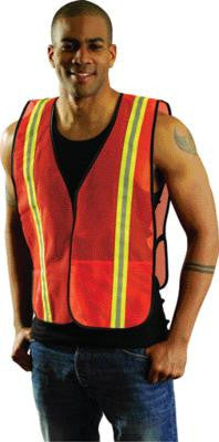 OccuNomix Regular Orange OccuLux Lightweight Polyester And Mesh Non-ANSI Economy Vest With Front Hook And Loop Closure, 1-3/8" Silver Gloss Tape On Orange Trim, Side Elastic Straps And 1 Pocket