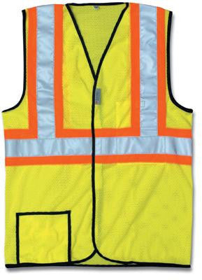 OccuNomix 3X Hi-Viz Yellow OccuLux Lightweight Polyester And Mesh Class 2 Two-Tone Vest With Front Hook And Loop Closure, 2" 3M Scotchlite Reflective Tape Striping And 2 Pockets