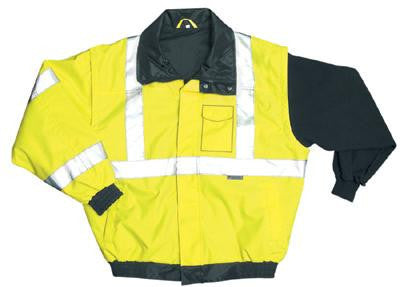 OccuNomix 2X Yellow PVC Coated Polyester Class 3 Weather Resistant Bomber Jacket With Front Hook And Loop Closure, 2" 3M Scotchlite Reflective Tape Striping