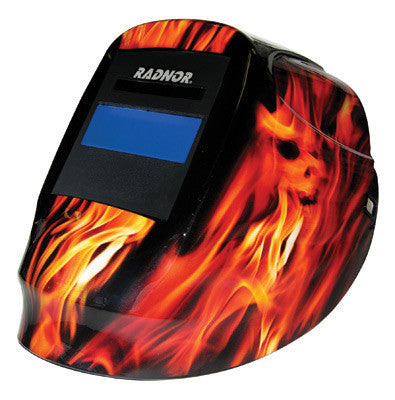 Radnor DV Series Orange And Black Welding Helmet With 5 1/4" X 4 1/2" DV35 Variable Shade 9-13 Auto-Darkening Lens And Blaze Graphics