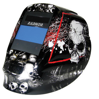 Radnor DV Series Black, White And Red Welding Helmet With 5 1/4" X 4 1/2" DV48 Variable Shade 5-14 Auto-Darkening Lens And Skull Graphics