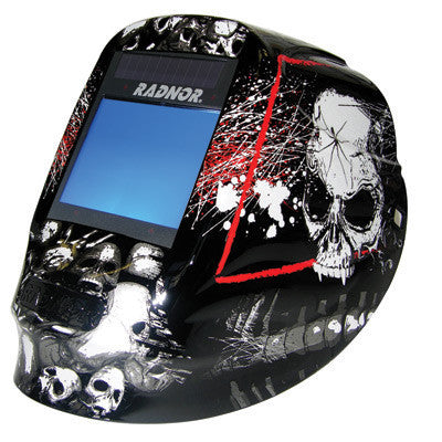 Radnor DV Series Black, White And Red Welding Helmet With 5 1/4" X 4 1/2" DV81 Variable Shade 5-14 Auto-Darkening Lens And Skull Graphics