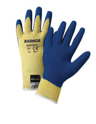 Radnor Small Yellow 10 Gauge Kevlar String Knit Gloves With Blue Latex Crinkle Finish Palm And Thumb Coating