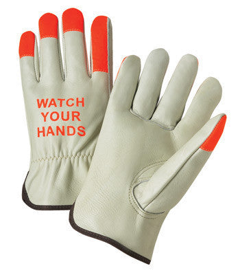 Radnor X-Large Select Grain Cowhide Unlined Drivers Gloves With Keystone Thumb, Shirred Elastic Cuff, Hi-Vis Orange Fingertips And  "Watch Your Hands" Logo On Back