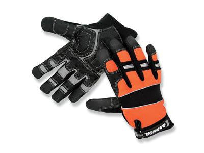 Radnor Large Black And Hi-Viz Orange Premium Full Finger Sueded Leather And Spandex Mechanics Gloves With Hook and Loop Cuff, Spandex Back, Neoprene Knuckle And Wrist Pad, Suede Palm, Kevlar Patch In Thumb Crotch And PVC Grip Patches On Palm And Fingers