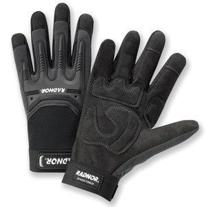 Radnor 2X Black And Gray Full Finger Synthetic Leather By Clarion And Spandex Impact Resistant Mechanics Gloves With Hook And Loop Cuff, Spandex Back, Reinforced Fingertips And Saddle, EVA Foam Palm Padding And TPR Knuckle