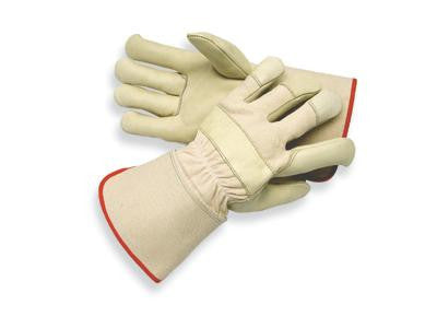 Radnor Large Premium Grain Cowhide Leather Palm Gloves With Gauntlet Cuff, Natural White Canvas Back And Reinforced Knuckle Strap, Pull Tab, Index Finger And Fingertips