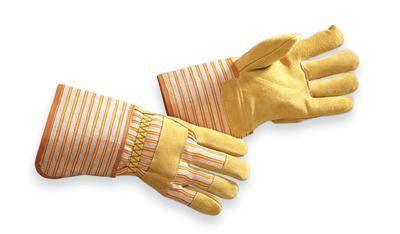 Radnor Large Premium Grade Split Pigskin Leather Palm Gloves With Gauntlet Cuff, Striped Canvas Back And Reinforced Knuckle Strap, Pull Tab, Index Finger And Fingertips