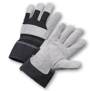 Radnor Large Economy Grade Split Leather Palm Gloves With Safety Cuff, Denim Back And Reinforced Knuckle Strap, Pull Tab, Index Finger And Fingertips