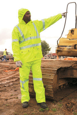 River City Garments Large Lime Luminator .40 mm Cotton, Polyester And Polyurethane Flame Resistant 2 Piece Rain Suit With Silver Reflective Stripes (Includes Jacket With Front Snap Closure, Attached Hood And Drawstring Pants)