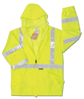 River City Garments X-Large Fluorescent Lime Luminator Pro Polyester And Polyurethane Rain Jacket With Front Zipper Closure, Attached Hood And Reflective Stripes