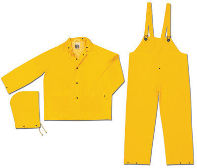 River City Garments Large Yellow Classic .35 mm Polyester And PVC Flame Resistant 3 Piece Rain Suit (Includes Jacket With Front Snap Closure, Detached Hood And Snap Fly Bib Pants)