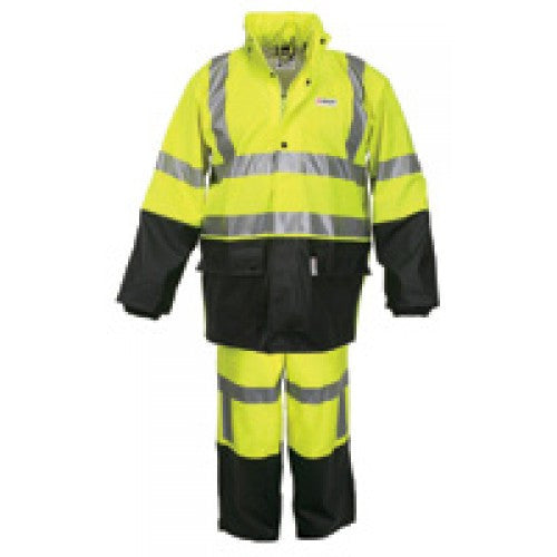 River City Garments Medium Fluorescent Lime And Black Luminator .40 mm Polyurethane And Cotton Class 3 Flame Retardant 2 Piece Rain Suit With 3M Reflective Stripes (Includes Jacket With Front Zipper Closure, Attached Hood And Pants)