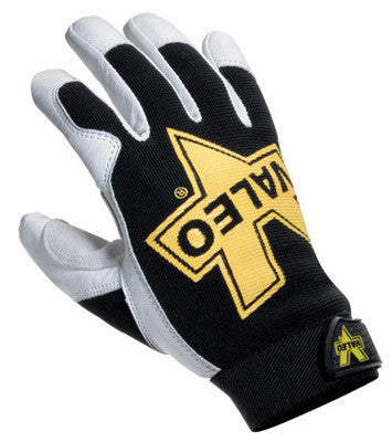 Valeo Large Black, White And Gold Leather Utility Full Finger GoatskinMechanics Gloves With Elastic Cuff, Stretch-Knit Back And Double Leather Palm And Thumb Patches