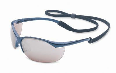 Sperian Vapor Safety Glasses With Metallic Blue Frame, Silver Polycarbonate Anti-Scratch Hard Coat Mirror Lens And Break-Away Neck Cord